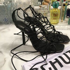 SCHUTZ Heyde Stiletto Lace Up Sandal in Black Nappa Leather Size 7